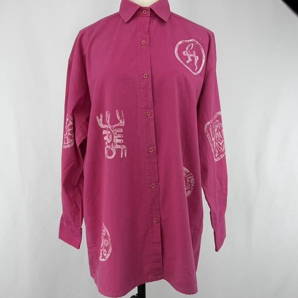 Worlds Apart Tops - Vintage Worlds Apart Shirt Womens L Pink Tribal Print Button Up Boho Art